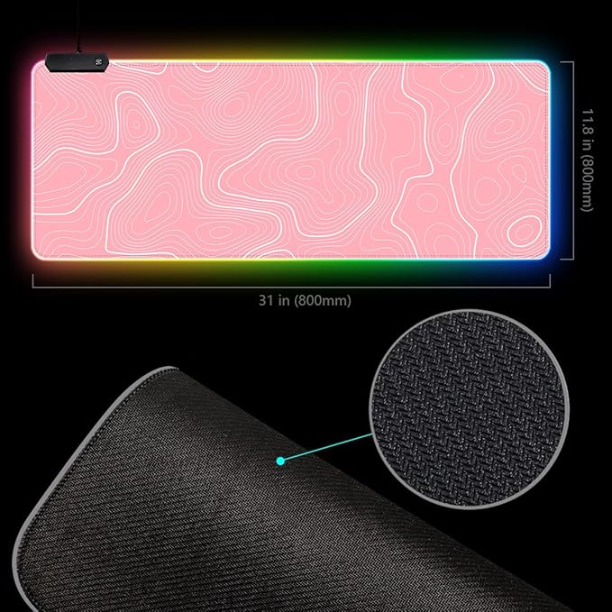Pink RGB Mouse Pad LED Desk Mat Large Gaming Mousepad Pink and White Line Design, Keyboard Pad XL Mouse Mat for Home and Office