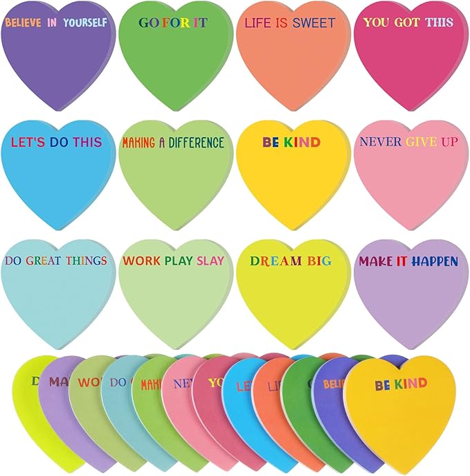 Teling 24 Pack Valentine's Day Sticky Notes Heart Shape Sticky Notes 3 x 3 Inch Inspirational Notepads Bulk Cute Memo Pads for Galentines Party Gifts School Office Supplies (Bright)