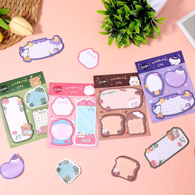 4 Pack Sticky Notes Kawaii Animal Posted Notes Set 240 Sheets Animals Shape Markers Flags Self-Stick Memo Pads Kawaii Small Self-Stick Note Pad for Office Roommates Home Kids Students (Set 2)