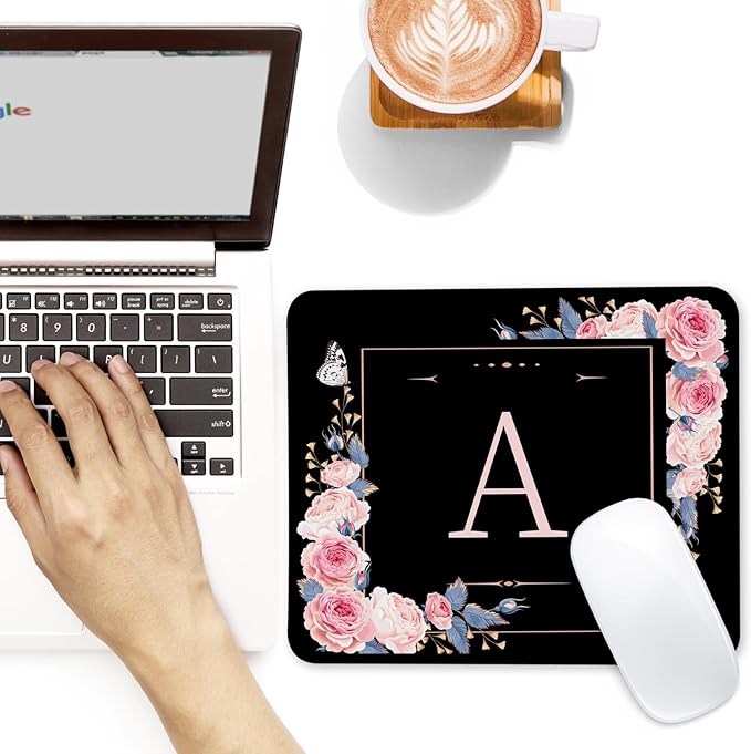 Letter A Black and Pink Flowers Square Mouse Pad, Mouse Pad with Stitched Edge and Non-Slip Rubber Base,Mouse Mat,Home Office Decor Desk Accessories,9.4x7.8x0.12 inch Square Mouse Pad