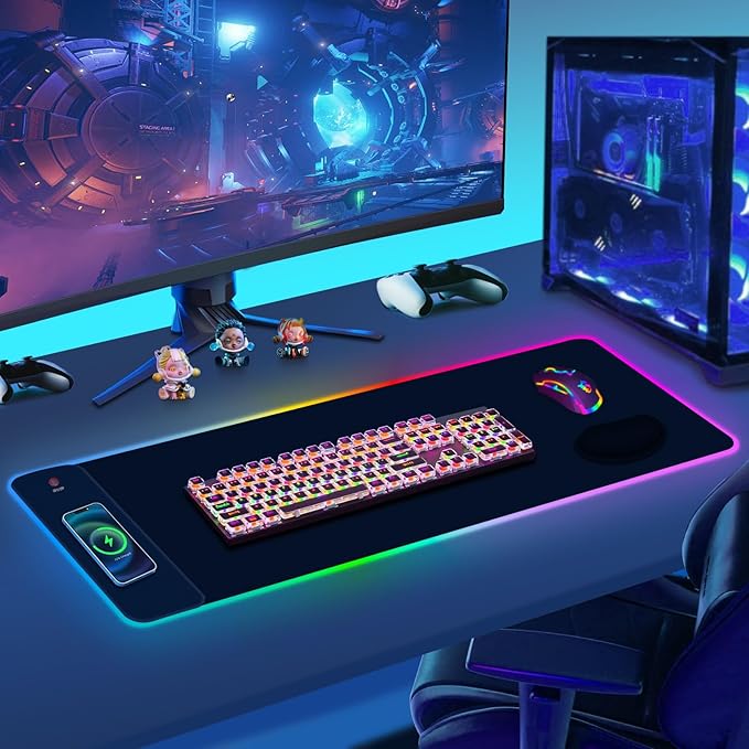 ToLuLu Wireless Charging RGB Gaming Mouse Pad, 15W LED Mouse Mat with 30W Charger, 14 Light Modes Large Mousepad Wrist Support, Non-Slip Rubber Base Desk Mat Computer PC Keyboard Pad XXL, Cool Black