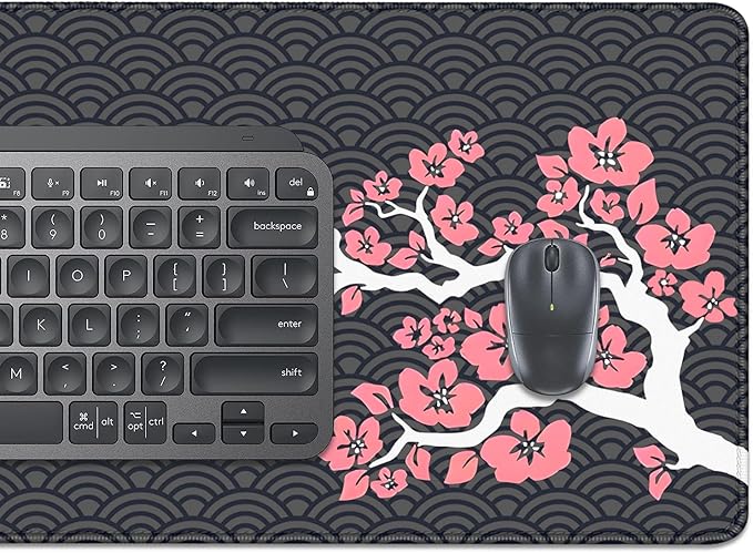 Cherry Blossoms and Waves Desk Pad Mouse Pad,Expand XL Mouse Mat with Stitched Edges,Non-Slip Rubber Base Large Mousepad for Office PC Keyboard Laptop and Homework Desk Mat(31.5X11.8 in)