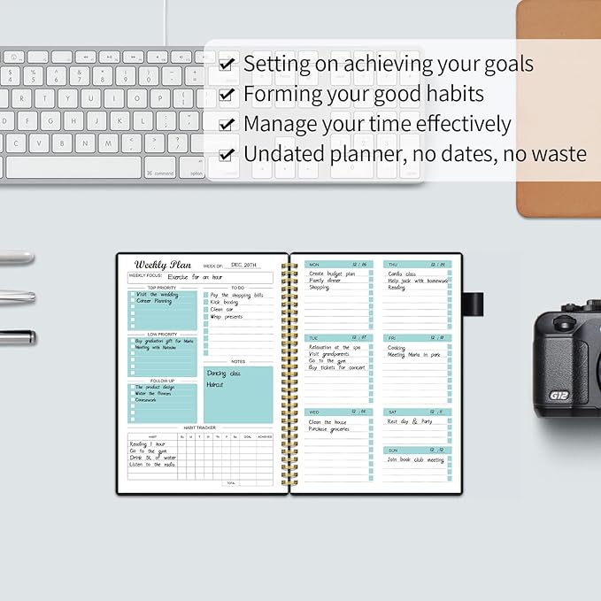 Weekly Planner Undated, Weekly Goals Schedule Planner with Spiral Binding, To Do List Notebook Calendars Organizers Habit Tracker Journal for Men & Women, Pocket,Pen Loop, 53 Weeks (5.5x8.5")