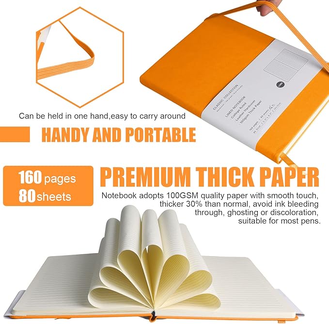 Lined Journal Notebook, 10Pack Hardcover Notebook for Men & Women – Journals for Writing, Work, School, Home & Daily Notes, 160 Pages – Medium A5, 5.7"x8", 100 gsm Thick Paper (Orange)