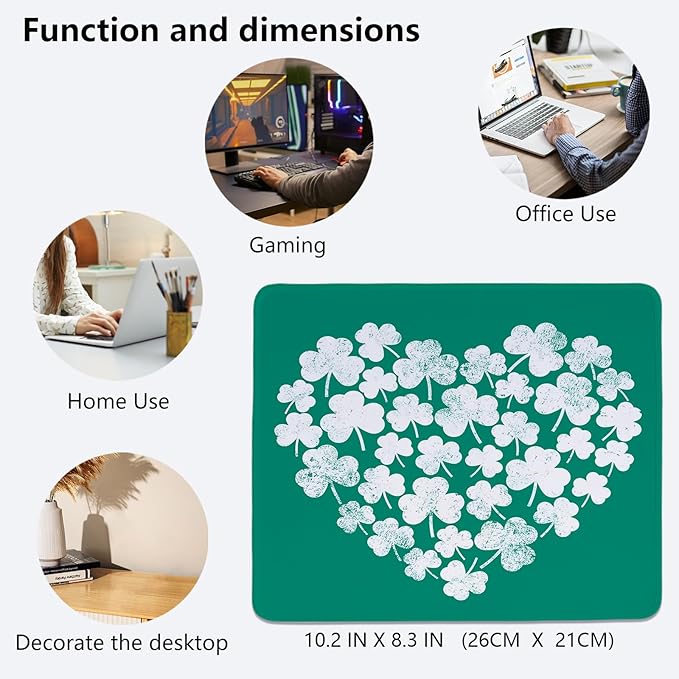 Cute St Patricks Day Mouse Pad,Green Shamrock Heart Mouse Pad,Shenanigans Desk Mat, Lucky Clover Pattern Desk Mat,for Dorm Home Office Decor,St Patricks Day Gift,10.2x8.3 Inch