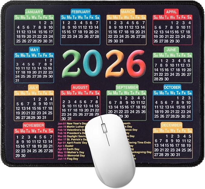 Mouse Pad with Stitched Edge, Computer Mouse Mat with Non-Slip Rubber Base, 2026 Calendar Mousepad