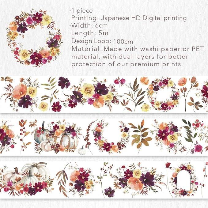 WT Autumn Rose Wide PET Tape, Single Roll, Original Designs, Floral Decorative Tape, Transparent Craft Tape for Bujo Planner & DIY Supplies, Watercolor Flowers
