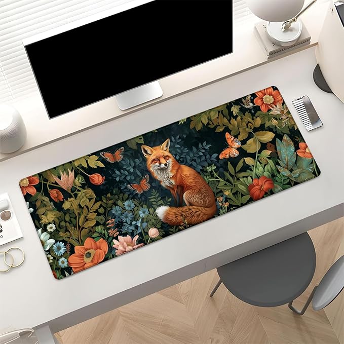 Elegant Fox Gaming Mouse Pad, Fox with Flowers and Butterflies Large Desk Mat for Computer, Extended Keyboard Laptop Mouse Pads 31.5×11.8in, Non Slip Rubber Mousepad for Office Decor Gifts
