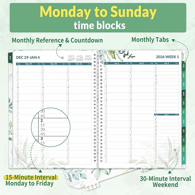 SUNEE 2026 Appointment Book, Quarter-Hourly, Weekly & Monthly - from January 2026 - December 2026, 8.5"x11" Weekly Planner, Flexible Cover, Note Pages, Pockets, Bookmark, Spiral Binding,