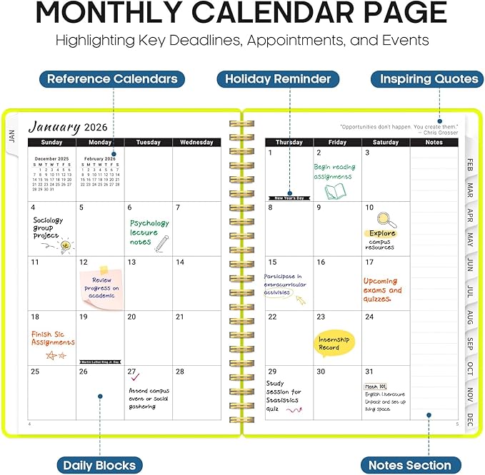 2026 Planner, Weekly and Monthly Calender Planner, Jan 2026 to Dec 2026, Hardcover 2026 Calendar Book with Tabs & Inner Pocket, Office Home School Supplies for Women & Men - A5 (6.3" x 8.5"), Lemon Yellow