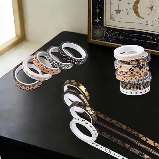20 Rolls Skinny Washi Tape Set Black Gold Foil Print Decorative Tapes for DIY Art Craft Scrapbook Bullet Journals Planners Party Decor Gifts Wrapping, 7mm