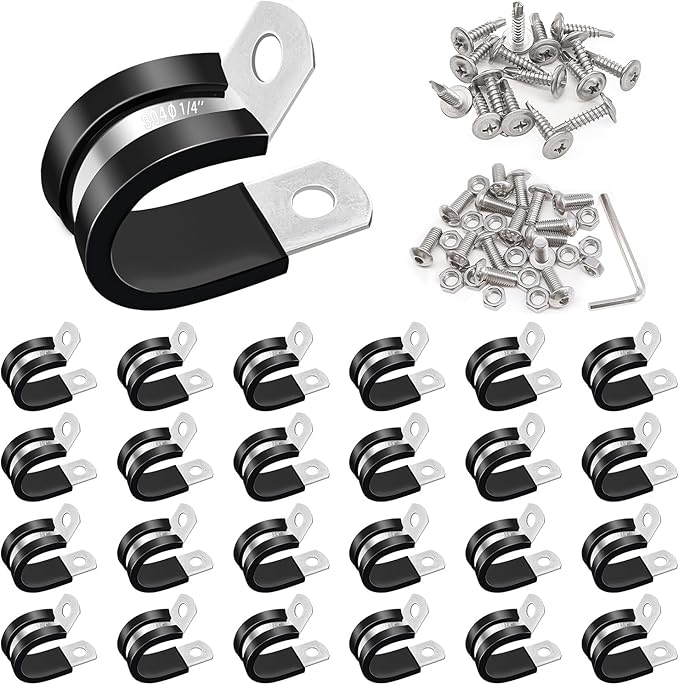 Taiss 50PCS 1/4 Inch Cable Clamps 304 Stainless Steel Rubber Cushion Insulated Pipe Clamps,Loop Clamps,Wire Clamps,Metal Clamp With two kinds of screws (6mm) F-098-6mm