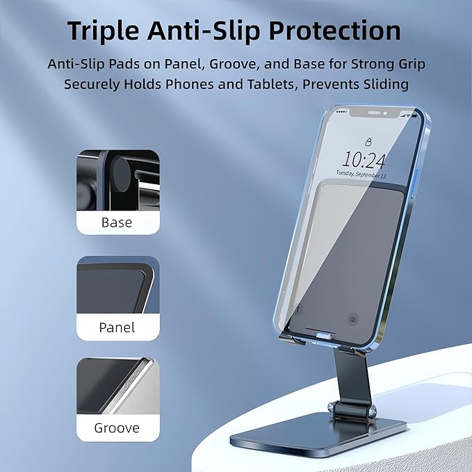 Foldable & Height Adjustable Phone Stand for Desk, Carbon Steel Stable Cell Phone Holder, Universal for iPhone/iPad/Tablets, Portable Pocket-Sized Stand for Home Office Kitchen - Gray
