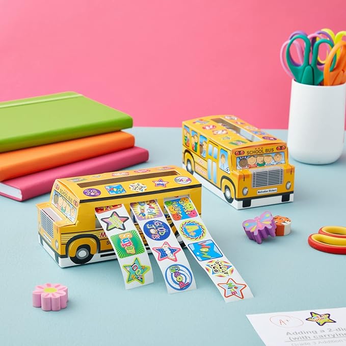 Juvale Teacher Reward Motivational Stickers - 6 Self-Adhesive Rolls (1080 Count) & 2 School Bus Dispensers - 1 in Multicolor Star, Square & Circle Designs - Classroom Essentials & Teacher Supplies