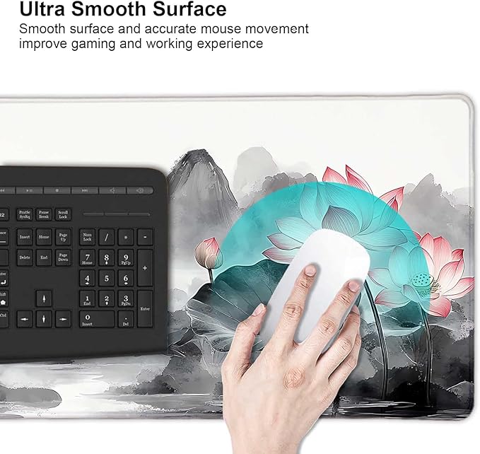Vintage Lotus Mountain Japanese Large Mouse Pad, Desk Mat Computer Keyboard Pad Non-Slip Rubber Base Waterproof with Stitched Edges for Laptop Gaming, Office & Home 31.5 x 11.8 Inch