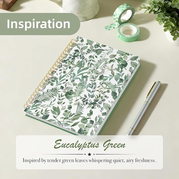 Stanoha Cute Spiral Notebook A5 Journal for Women Girls Kawaii Aesthetic Pretty Floral Design with Pocket, 8.5 x 5.7 inch, Graph, Green Leaves