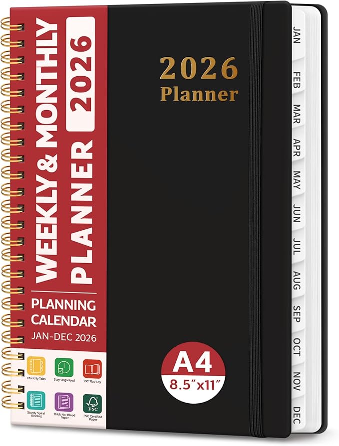 2026 Planner, Weekly and Monthly Calendar Planner, January 2026 - December 2026, Hardcover 2026 Calendar Book with Tabs For Women & Men, Inner Pocket, Spiral Bound, Perfect for Office Home School Supplies - A4 (8.5" x 11"), Black