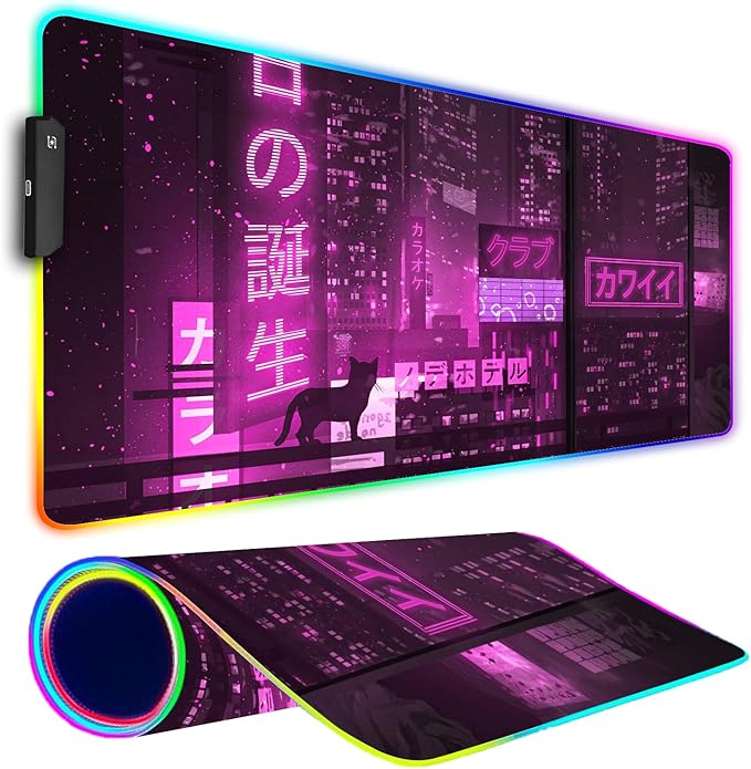 RGB Gaming Mouse Pad, Large Mousepad with Led Light, Gaming Accessories Keyboard Pad for Desk, Non-Slip Rubber Base Big Mouse Mat for Gamer, 31.5 X 11.8 Inch, Purple Anime