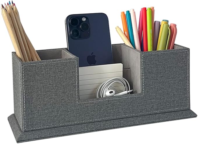 UnionBasic Desk Organizer, Desktop Caddy Leather Multi-compartment Pen Holder Office Stationer Organizer, Multi-Color (Grey Linen Texture)
