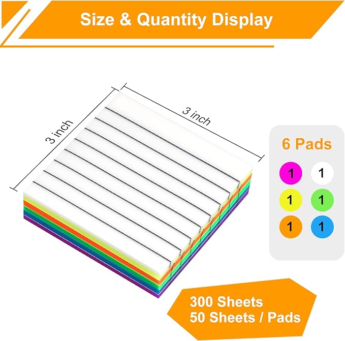 300 Sheets Lined Transparent Sticky Notes, 3x3 Inch 6 Colorful Clear See Through Translucent Self-Adhesive Post Memo Reminder Tabs with Line for Office Woman College School Students Classroom Supplies