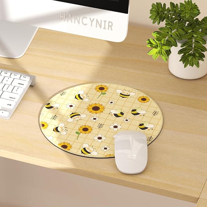 Mouse Pad for Desk, Sunflower Floral Bee Small Cute Mousepad with Non-Slip Base, Round Mouse Pads for Wireless Mouse Laptop Gaming, Computer Mouse Mat for Home Office Travel Desk Accessories