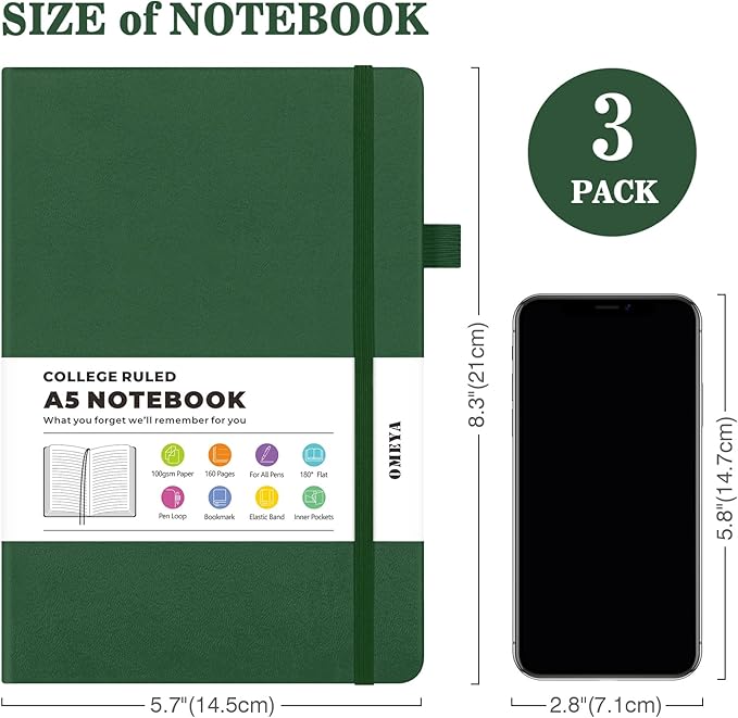 Lined Journal Notebook, 3 Pack A5 College Ruled Notebooks for Work, Hardcover Notebook Each with 2 Pockets & Pen, Leather Journal for Women, Men, 160 Pages, 100GSM Thick Paper (Blue, Purple, Green)