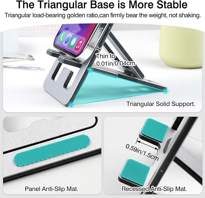 Foldable Aluminum Phone Stand – Adjustable Desk Holder for Travel & Office, Compatible with iPhone 16-13 Pro Max, Samsung S24-S8, Kindle – Gray