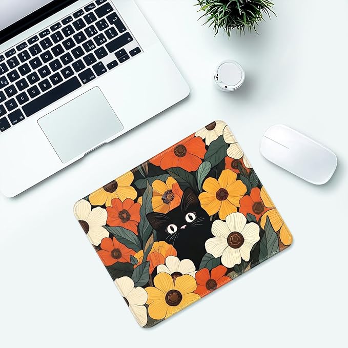 Cute Black Cat Desk Pad Mat with Stitched Edges and Non-Slip Rubber Base, Premium-Textured Mouse Pad for Laptop, Computer & PC, Gaming & Working, Waterproof Mousepad