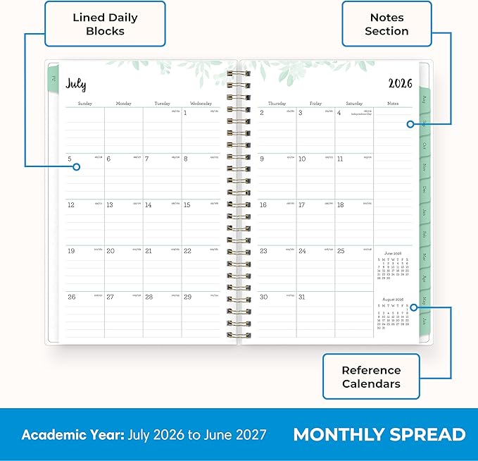 Blue Sky 2026-2027 Weekly and Monthly Academic Year Planner Calendar, July 2026 - June 2027, 5" x 8", Flexible Cover, Wirebound, Laminated Tabs, Laurel