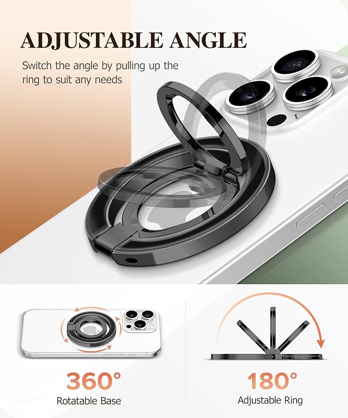 GVIEWIN Magnetic Phone Ring Holder, Compatible with MagSafe Phone Grip with Adjustable Stand, Magnet Phone Ring Kickstand for iPhone 17/16/15/14/13/12 Pro Max Plus Air/Other Phones (Clear/Black)