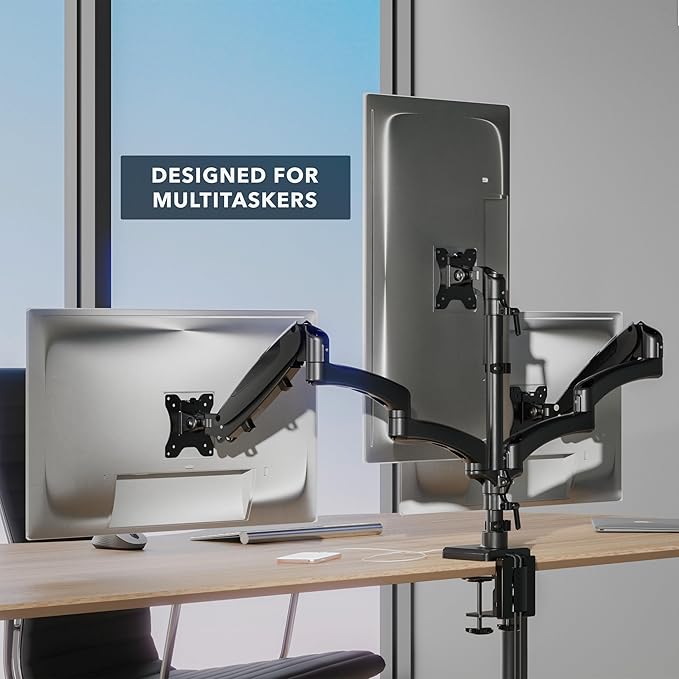 Mount-It! Triple Monitor Mount Desk Stand, 3 Monitor Desk Mount with Gas Spring Arms, Fits 13–32 Inch Screens up to 17.6 lbs per Arm, VESA 75 & 100, Clamp or Grommet Base, USB-A & C Ports, Black