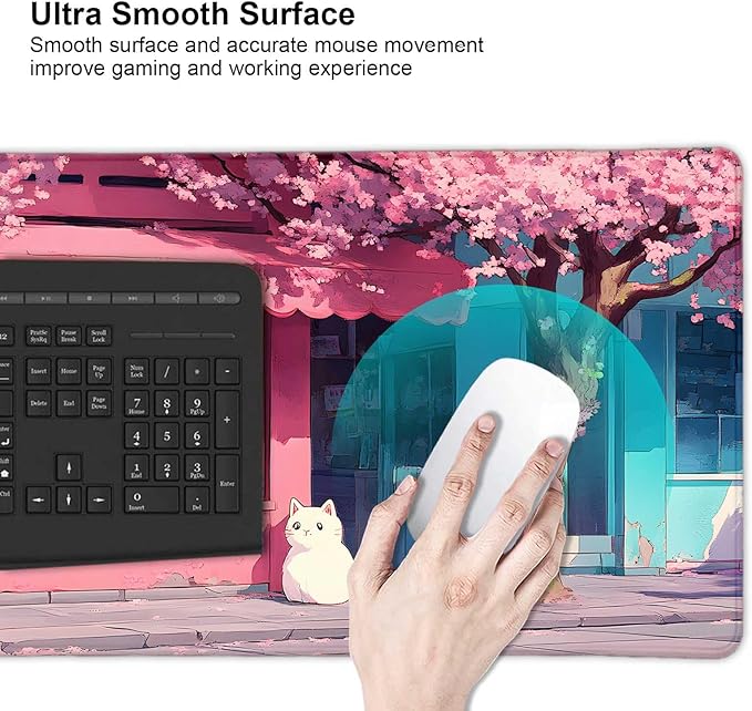 Cute Japanese Cartoon White Cat Large Mouse Pad, Desk Mat Computer Keyboard Pad Non-Slip Rubber Base Waterproof with Stitched Edges for Laptop Gaming, Office & Home 31.5 x 11.8 Inch (XL-20)