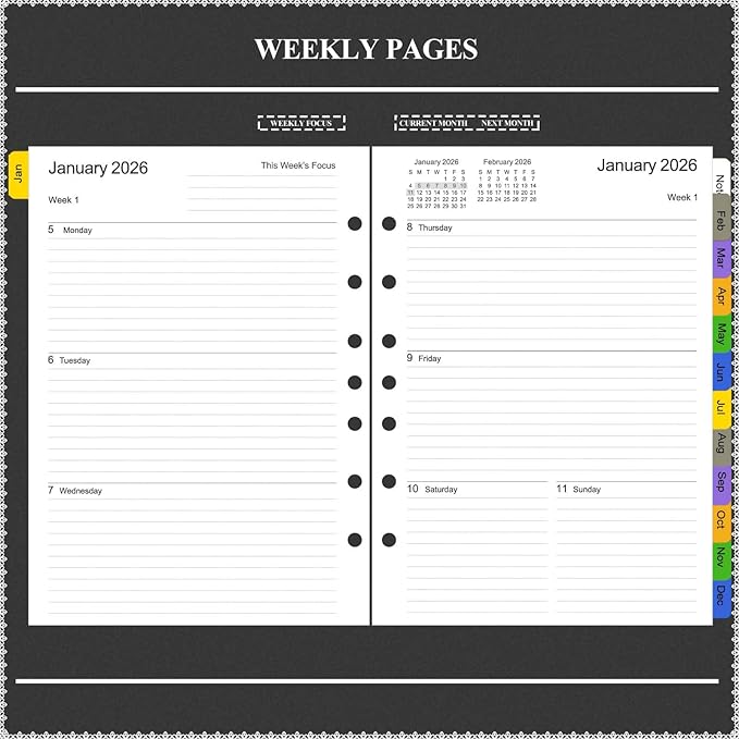 Tiankool 2026 Planner Refill for A5 7-Ring Binder,Weekly & Monthly Planner Inserts Runs from Jan 2026 to Dec 2026, 5-3/4" x 8-1/4"