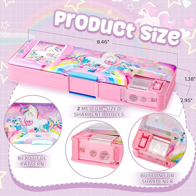 Henoyso Multifunctional Pencil Box for Girls Unicorn Pencil Case with Calculator and Sharpener Cool Cute Pencilcase School Supplies Essentials Valentine's Day Birthday Gift Present for Kids Teens