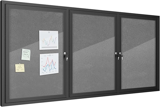 Mifuro 70"x34" Enclosed Bulletin Board, Outdoor Lockable Weather-Resistant Aluminum Cork Noticeboard for School & Office, Black Frame w/Grey Flet