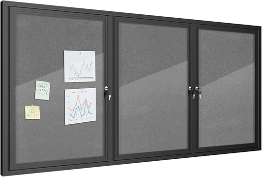 Mifuro 70"x34" Enclosed Bulletin Board, Outdoor Lockable Weather-Resistant Aluminum Cork Noticeboard for School & Office, Black Frame w/Grey Flet