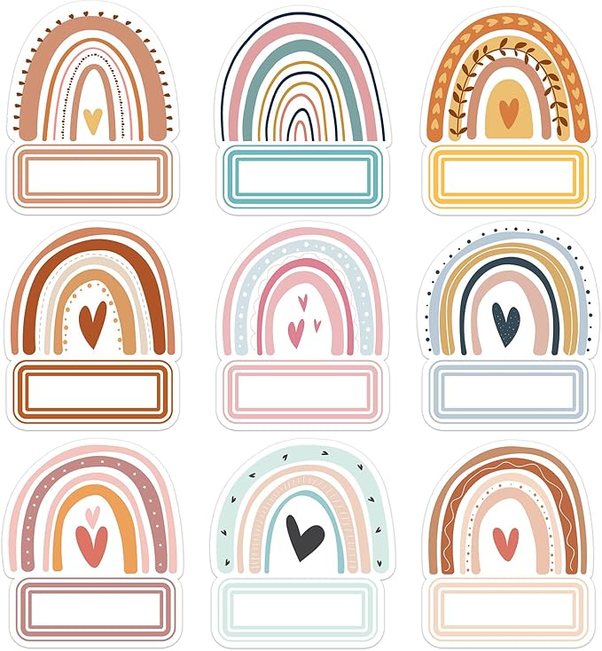 Sabary 90 Pcs Cutout Name Tags Water Bottle Labels Daycare Labels Self Adhesive Name Stickers Gift Tags for Classroom Home Desk Bulletin Board Decoration Party Favor 10 Sheets (Rainbow)