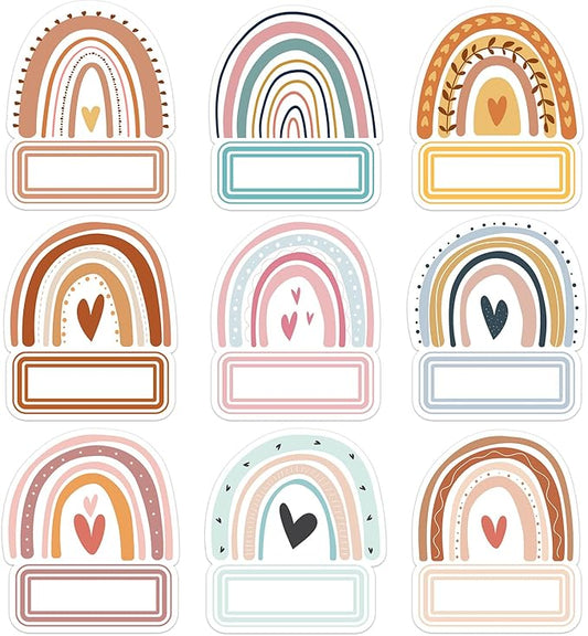 Sabary 90 Pcs Cutout Name Tags Water Bottle Labels Daycare Labels Self Adhesive Name Stickers Gift Tags for Classroom Home Desk Bulletin Board Decoration Party Favor 10 Sheets (Rainbow)