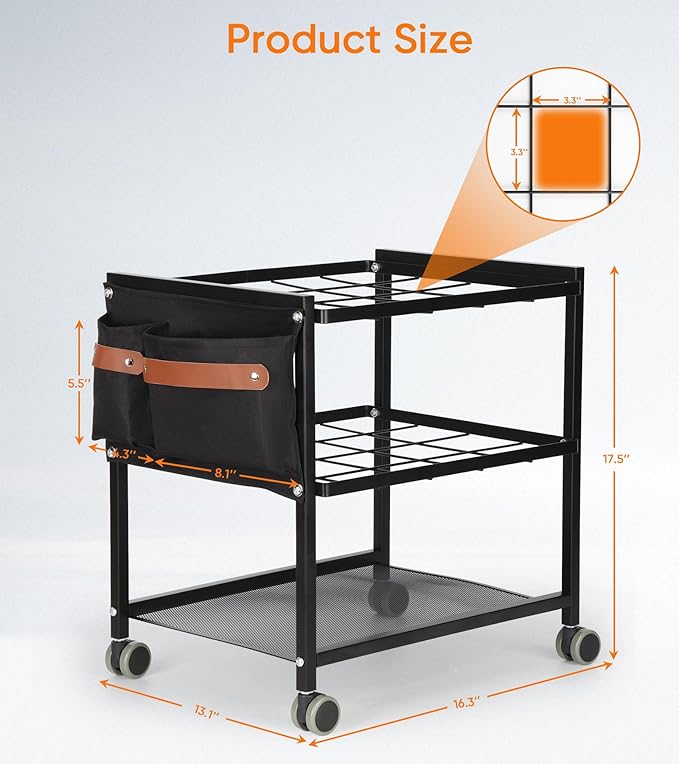 Blueprint Storage Rack Cart with Side Storage Bags, 20 Slots(3.2" x 3.2") Double-Layer Grids Metal Mobile Blueprint Holder with Silent Non Slip Wheels for Home, Office, School