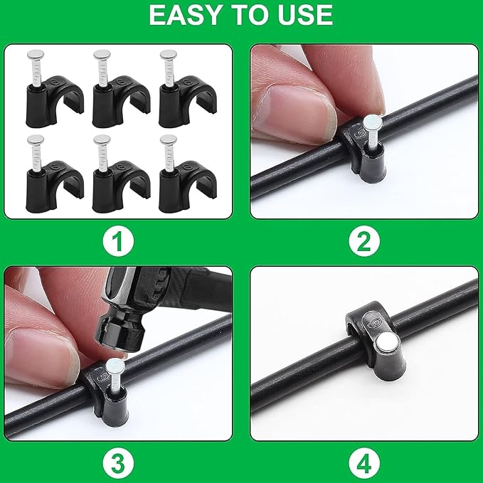 400pcs Cable Clips, 4mm 6mm 8mm 10mm Half Clamp J-Hook with Nail, Nail in Cable Clips Ethernet Cable Nails Tacks Clips, Black