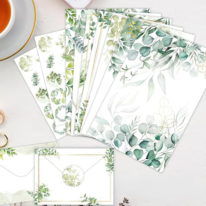 160 Pcs Eucalyptus Stationery Paper Set, 50 Stationary Paper 50 Envelopes 60 Round Dot Sticker