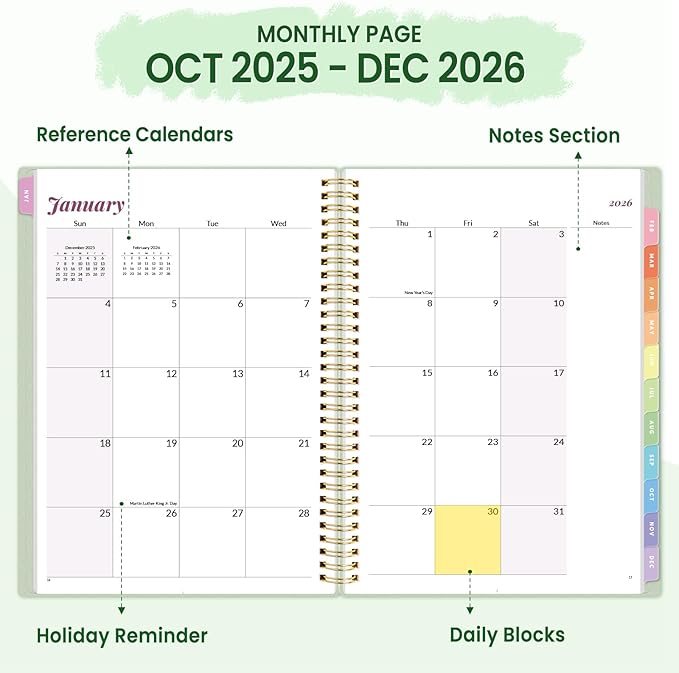 2026 Planner, Annecy Weekly ＆ Monthly Planner 2026, Jan. 2026 – Dec. 2026, 8.5" x 11" Monthly Agenda Planner with Tabs, Waterproof Flexible Cover, Spiral Binding, Double-sided Pocket, Bookmark, Green
