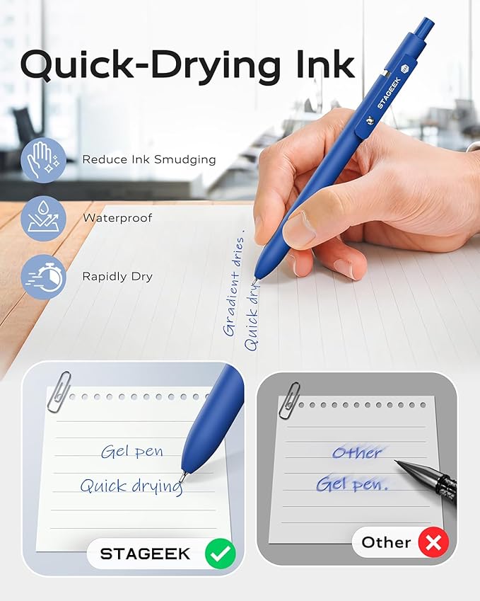 Blue Gel Pens, 12Pcs Quick Dry Blue Ink Pens with 3 Extra Refills, Fine Point Retractable Smooth Writing Pens for Journaling, Office, Note Taking, School Supplies, Nurse Aesthetic(Blue)