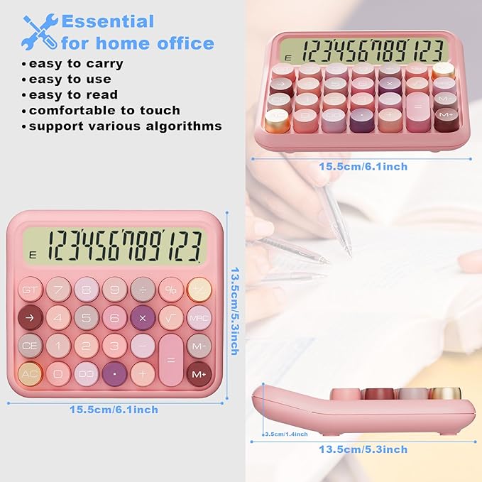 DECKLIT Battery Desk Calculator - 12 Digit Extra Large 5-Inch LCD Display, Big Buttons Easy to Press, 15 Tilt Screen for Kids (Rose)
