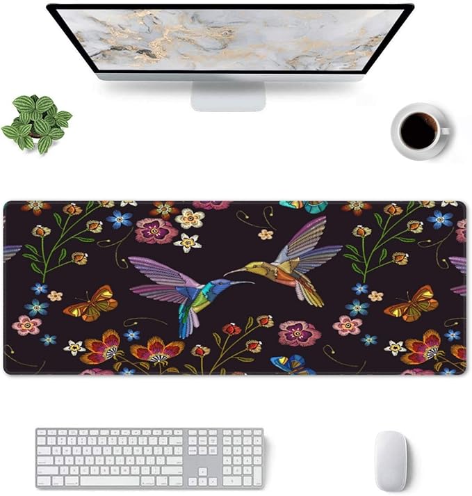 Hummingbird and Tropical Flowers Large Mouse Pad with Stitched Edges Long Non-Slip Rubber Base Mousepad Humming Birds Laptop Keyboard Mat Desk Pad for Office Home Desk Decor, 31.5" X 11.8"
