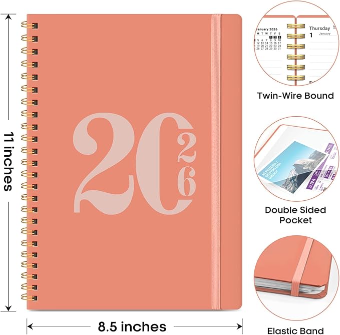 2026 Planner, Weekly and Monthly Calender Planner, Jan 2026 to Dec 2026, Hardcover 2026 Calendar Book with Tabs & Inner Pocket, Office Home School Supplies for Women & Men - A4 (8.5" x 11"), Coral