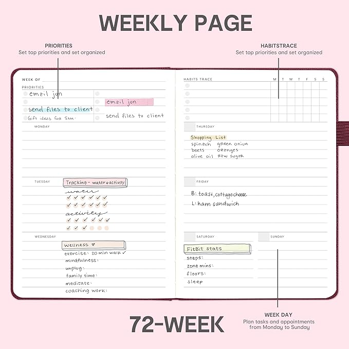 And Per Se Undated Planner – A5 Leather Hardcover Weekly & Monthly Goal Planner for 72 Weeks (1.5 Years) – with Goal & Habit Tracker (Dark Red)