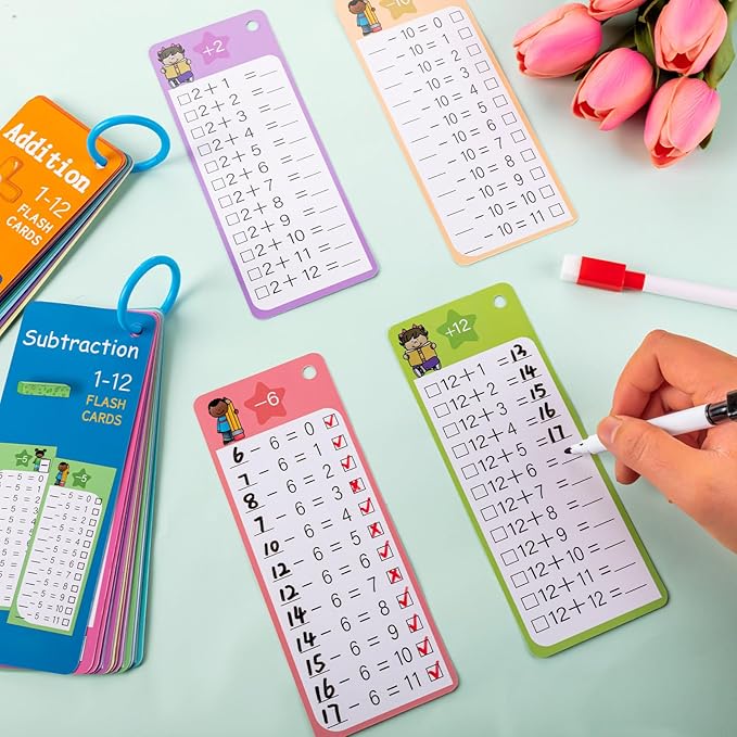 30Pcs Addition and Subtraction Flash Cards, Math Flash Card with 4 Dry Erase Pens 2 Rings, Time Table Flash Cards for 1st to 3rd Grades Fun Learning with Math Game
