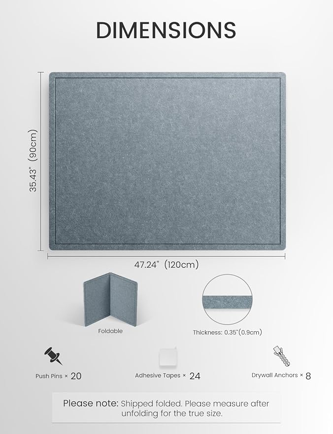 Fluxynara Large Bulletin Board, 47.2" x 35.4" Cork Board Alternative with 24 Safe Removable Adhesive Tabs, Foldable Felt Pin Board for Home Office, Classroom, Bedroom,Entryway for Walls— Blue Gray
