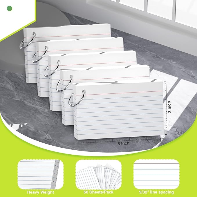 250 Sheets Colored Index Cards with Ring 3 x 5 Inch Heavyweight Ruled Flash Cards, Flashcards with Ring for School & Office Supplies and Home Organization, Durable Study To Do List Lined Note Cards
